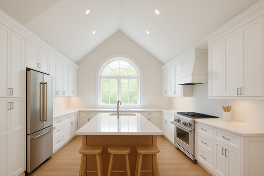 a kitchen with scissor trusses installed