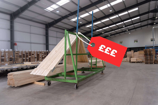 roof trusses in a factory with a price label