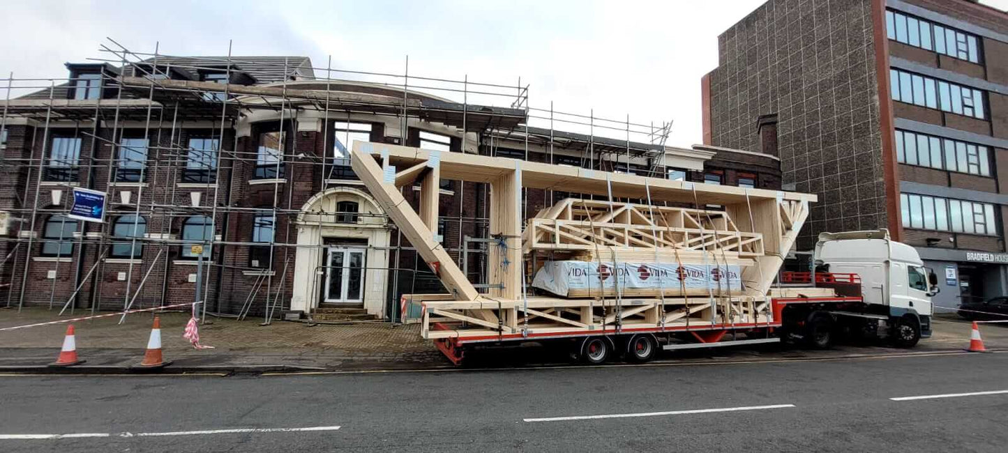 lorry delivering attic trusses to a large building near Birmingham