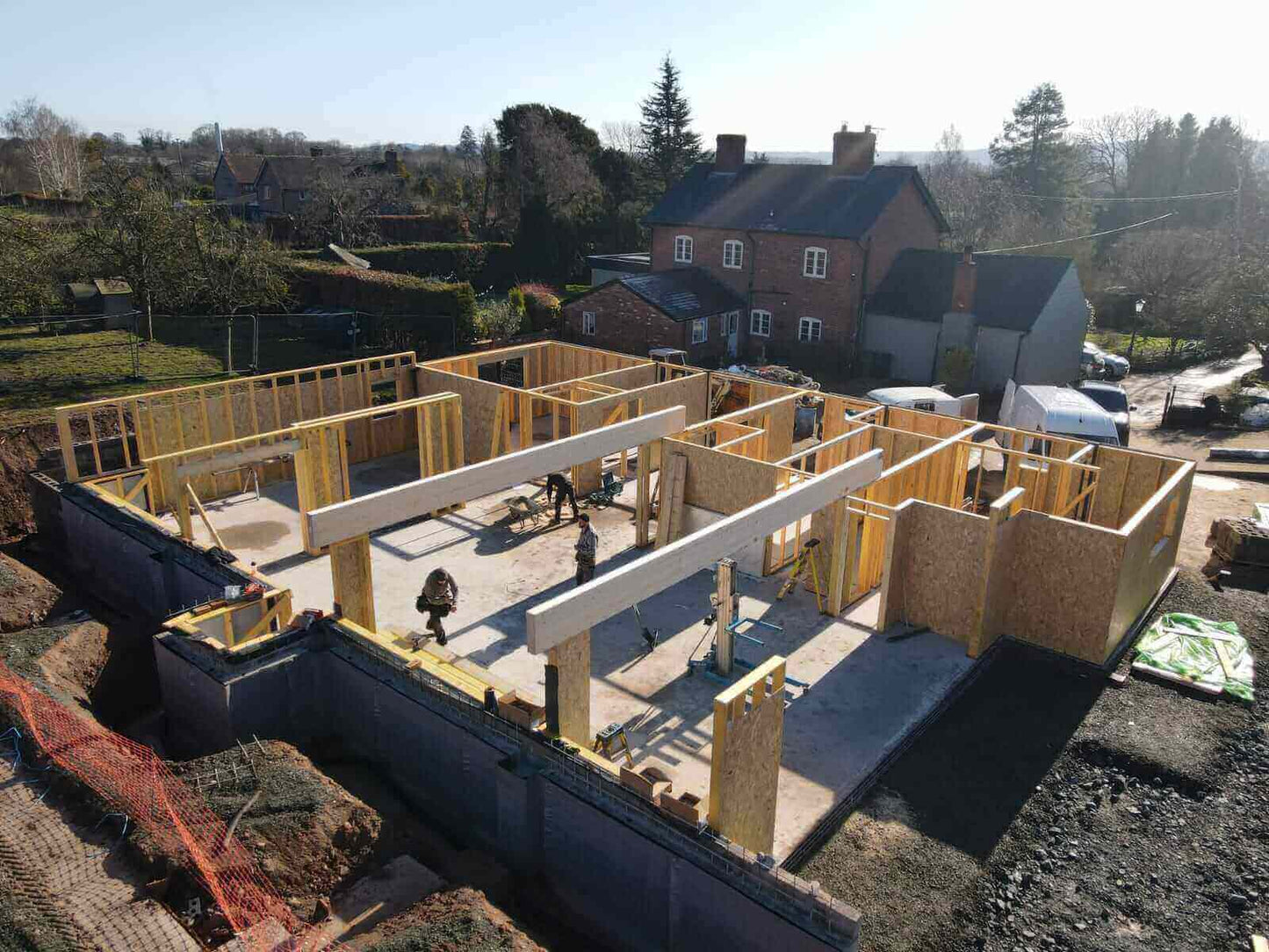 Glulam beams installed on building site