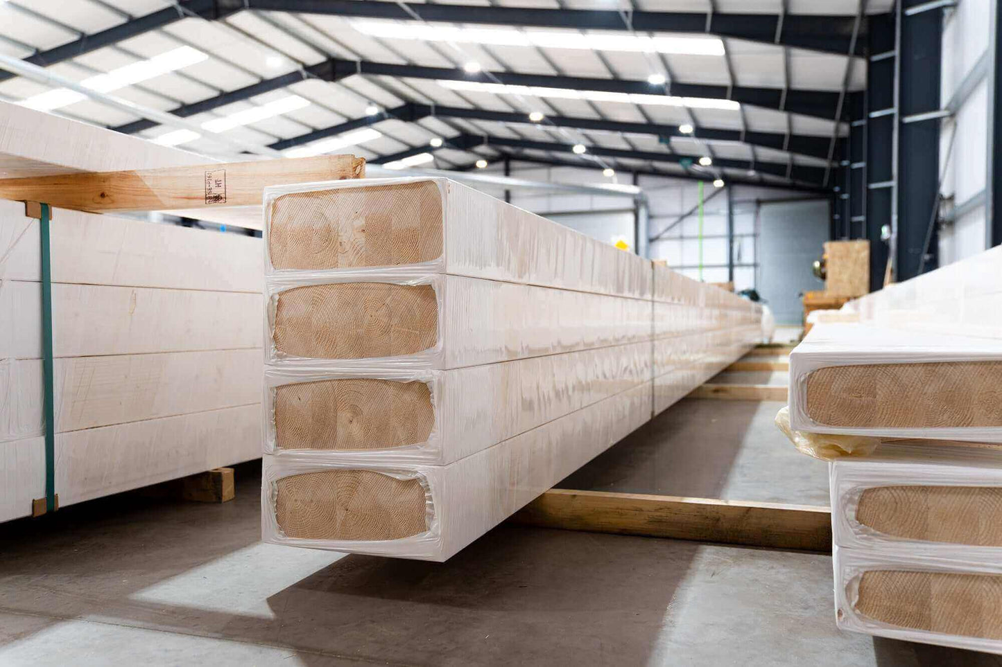 Glulam beams in a factory