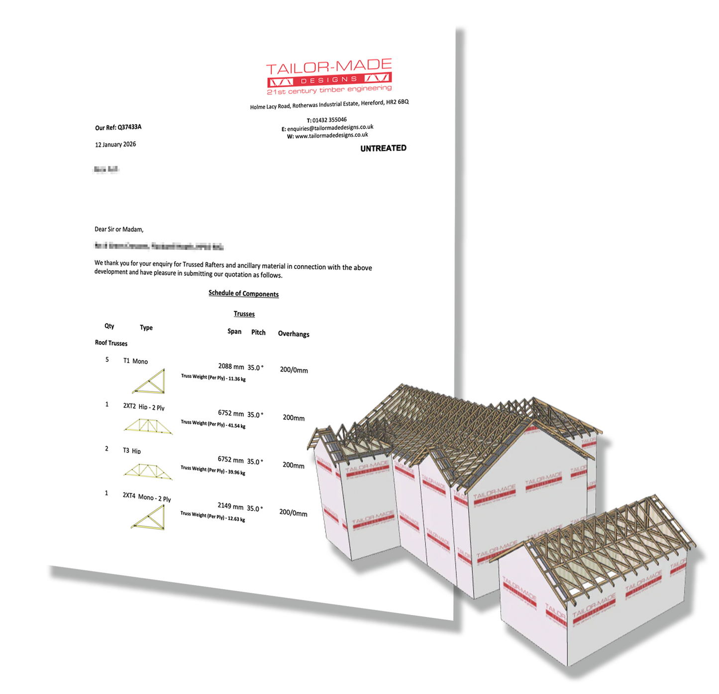 Model of a trussed roof with a Tailor Made Designs quote to the side.