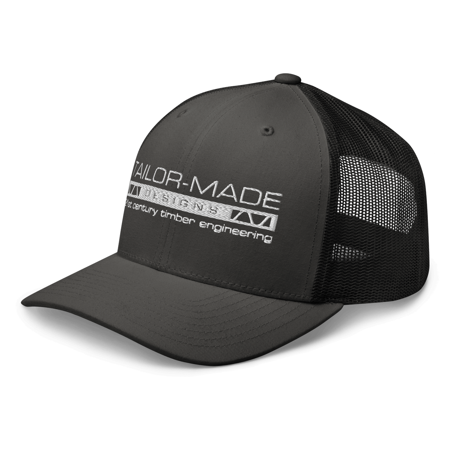 black mesh backed cap with tailor made designs logo on brow