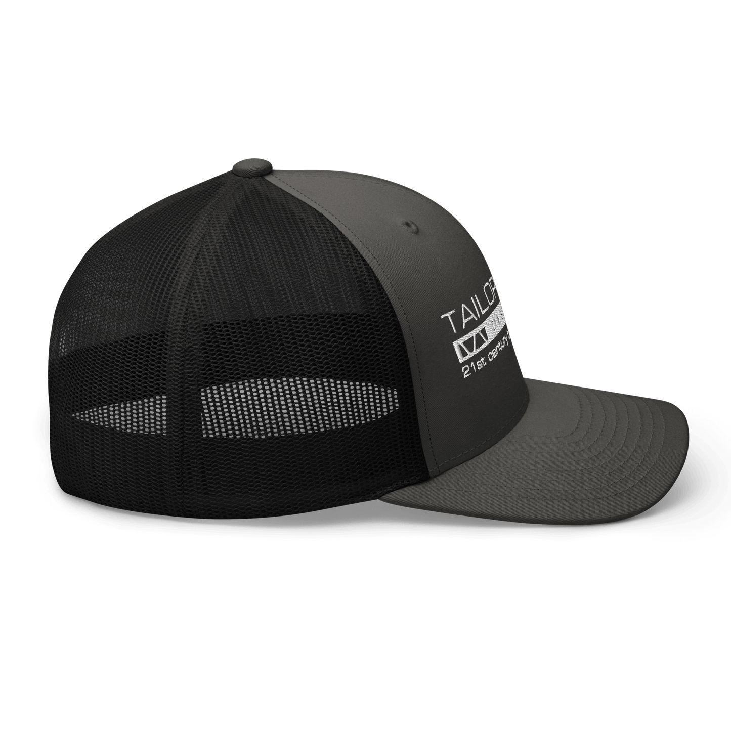 black mesh backed cap with tailor made designs logo on brow