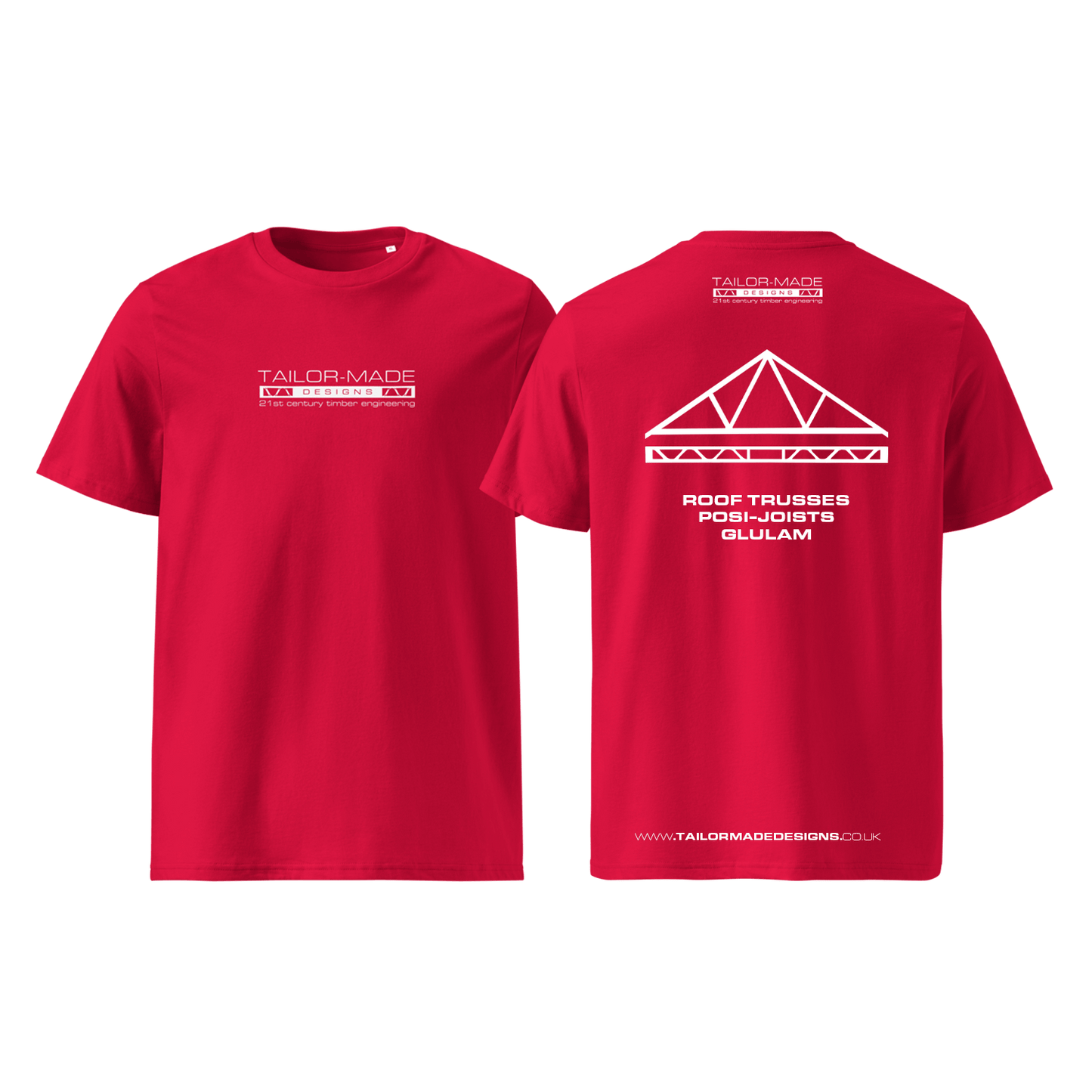 a red t-shirt with white graphics on the front and rear