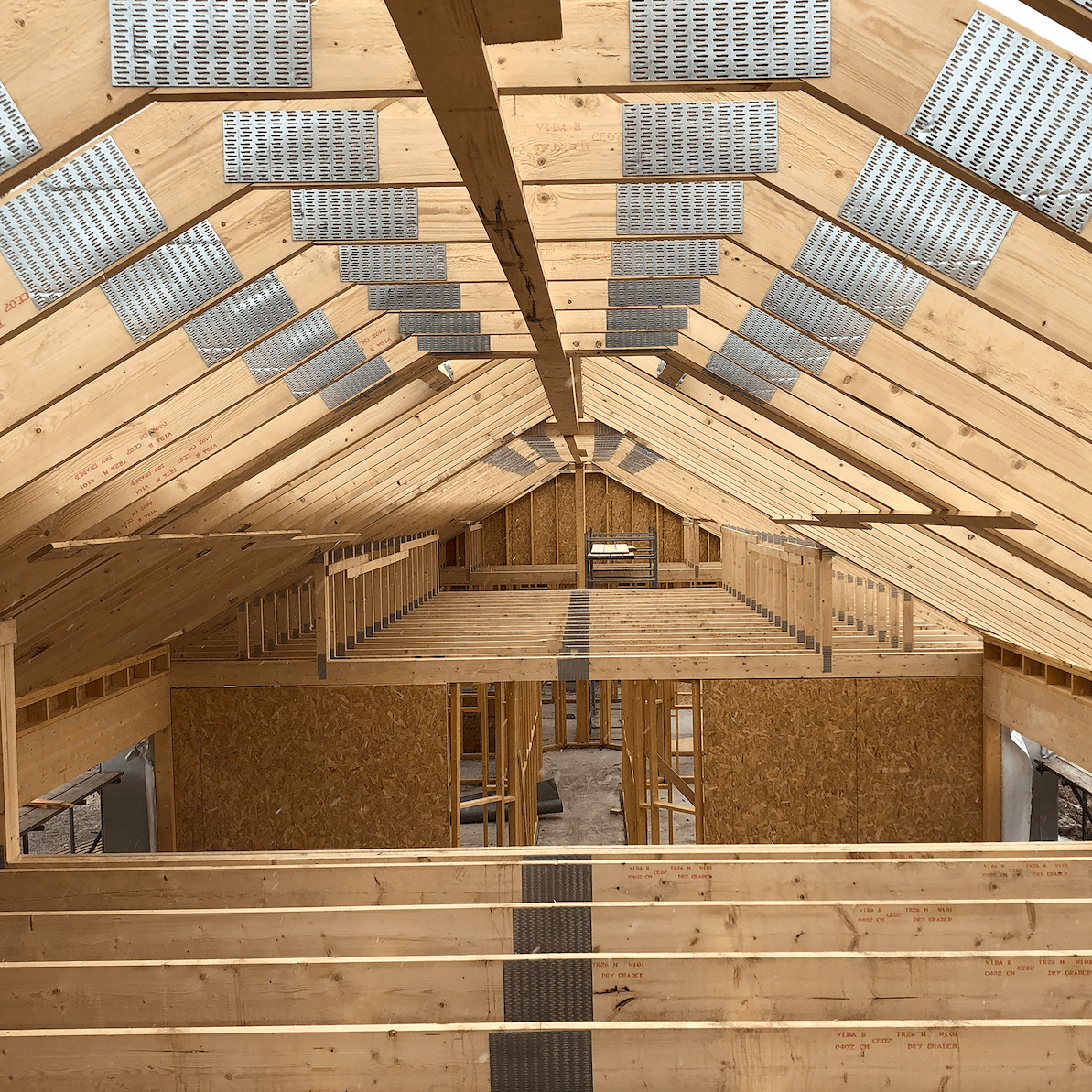 roof trusses installed in a house