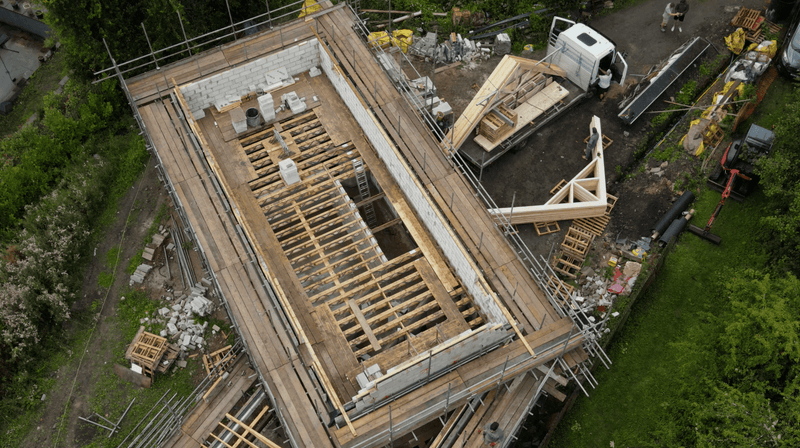 Aerial view of posi-joists installed on a building.