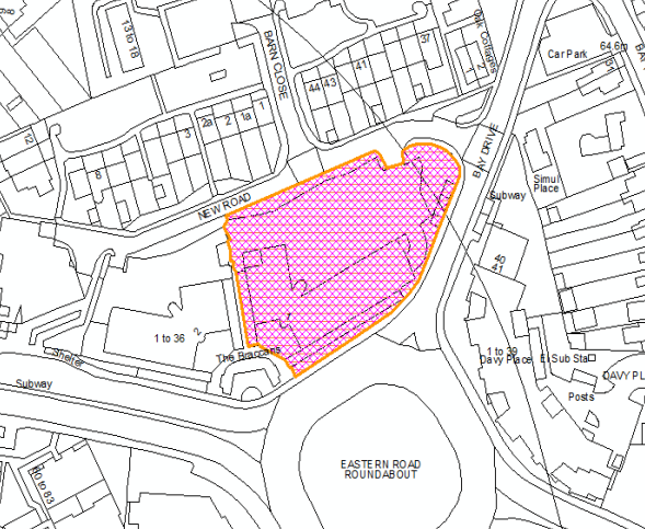 Map with highlighted area where building will go
