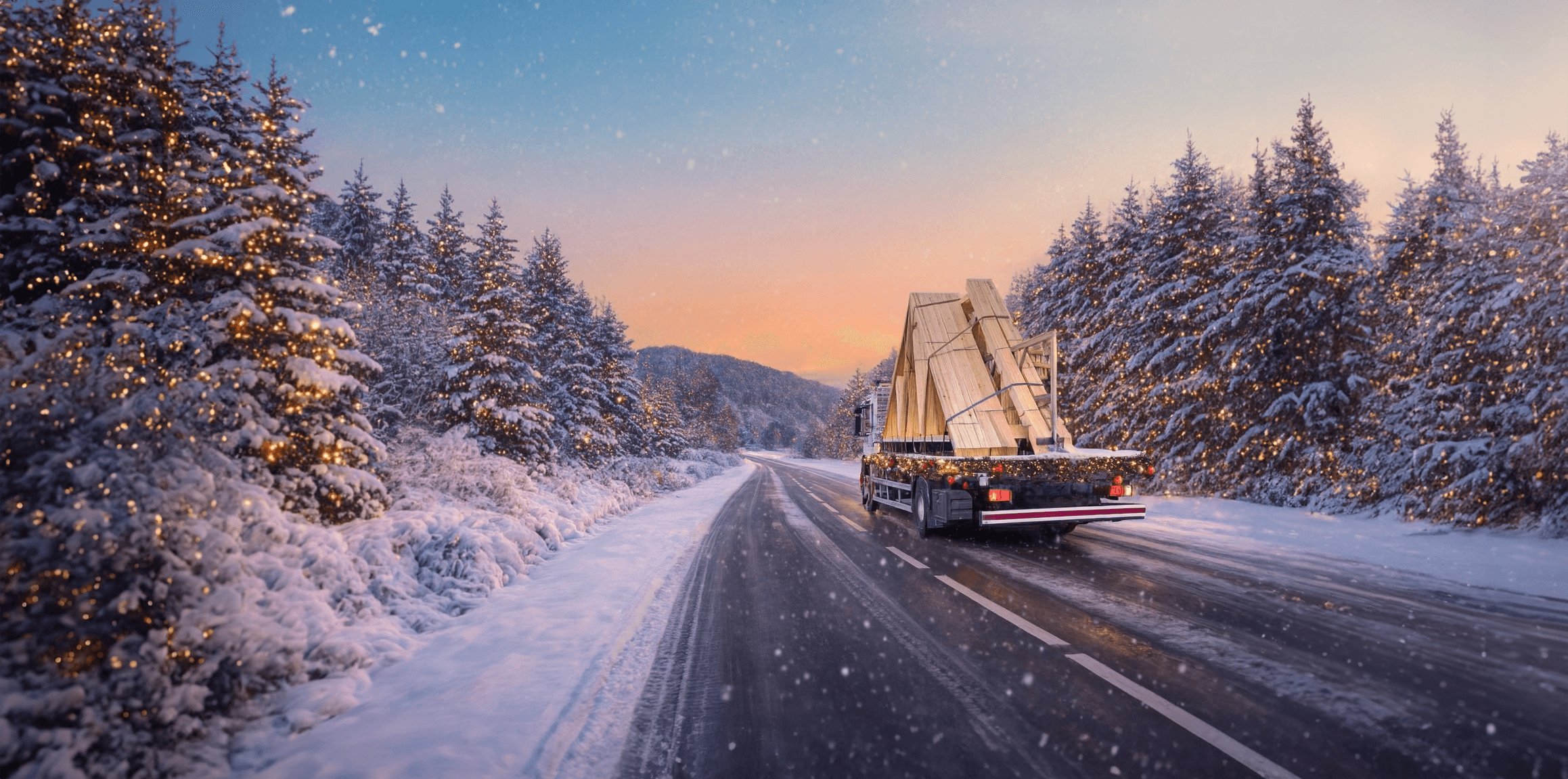 Truck driving on a snowy road with snow-covered trees and trusses on bed. 