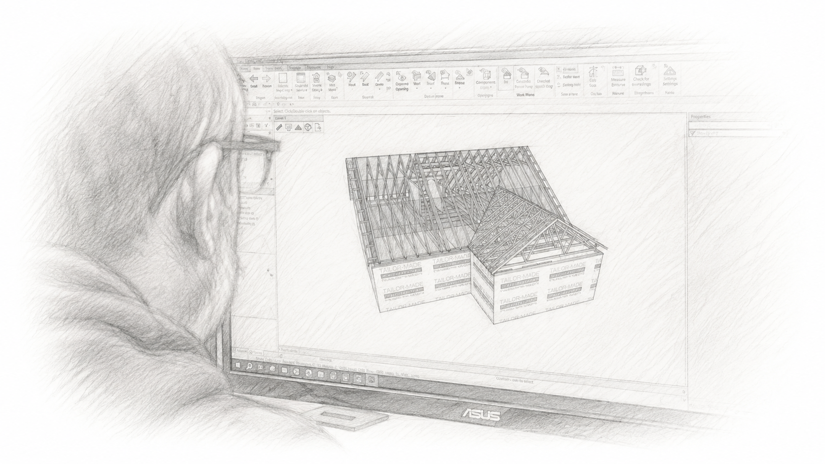 A pencil sketch-style illustration of a person in profile looking at a computer monitor displaying a 3D architectural model of a house with a pitched roof.