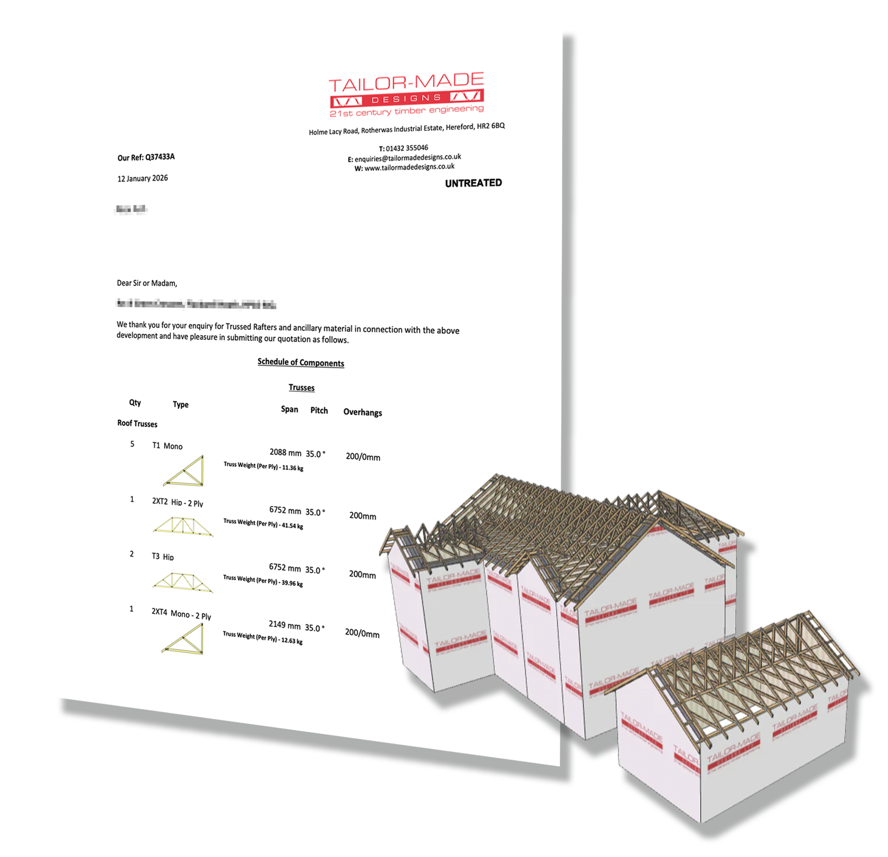 Model of a trussed roof with a Tailor Made Designs quote to the side. 