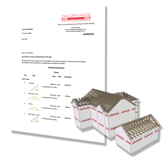 Model of a trussed roof with a Tailor Made Designs quote to the side. 