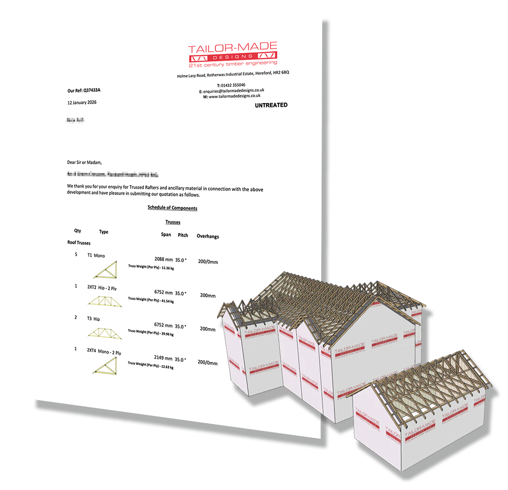 a roof truss quotation next to a 3d render of a building with roof trusses installed