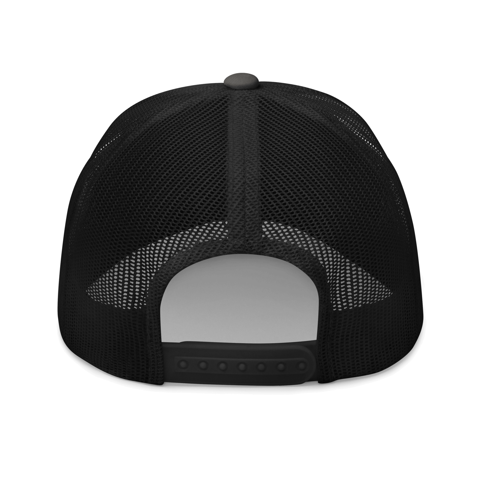black mesh backed cap with tailor made designs logo on brow