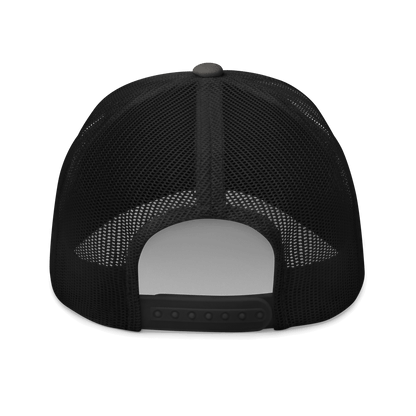 black mesh backed cap with tailor made designs logo on brow