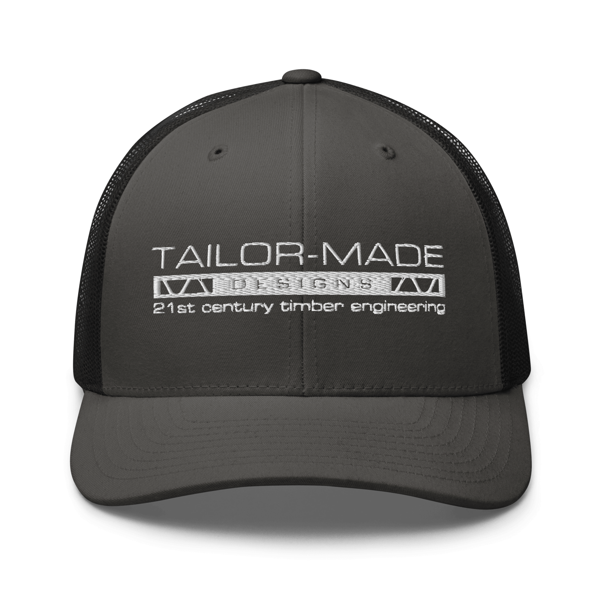 black mesh backed cap with tailor made designs logo on brow