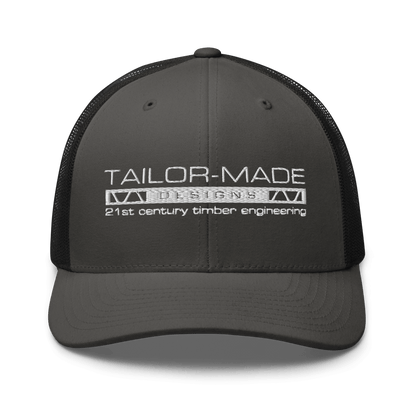 black mesh backed cap with tailor made designs logo on brow