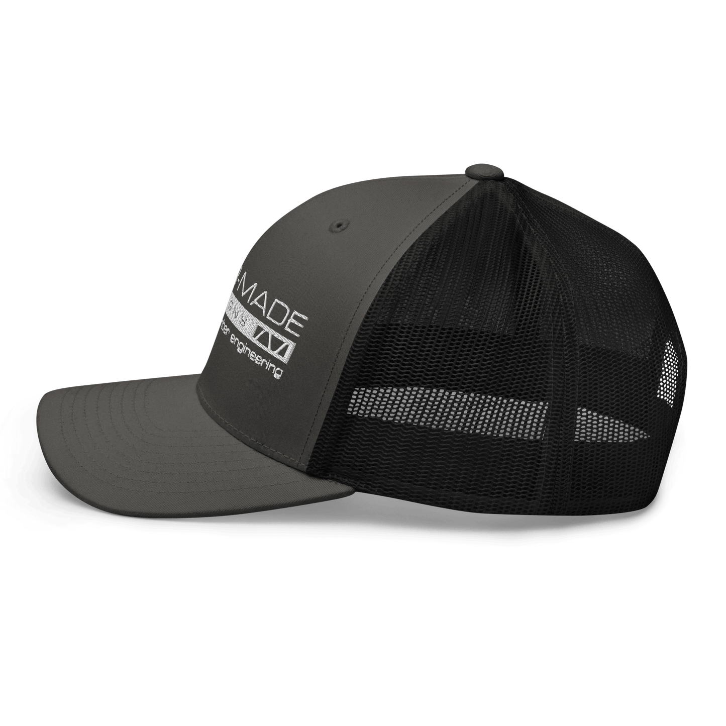 black mesh backed cap with tailor made designs logo on brow