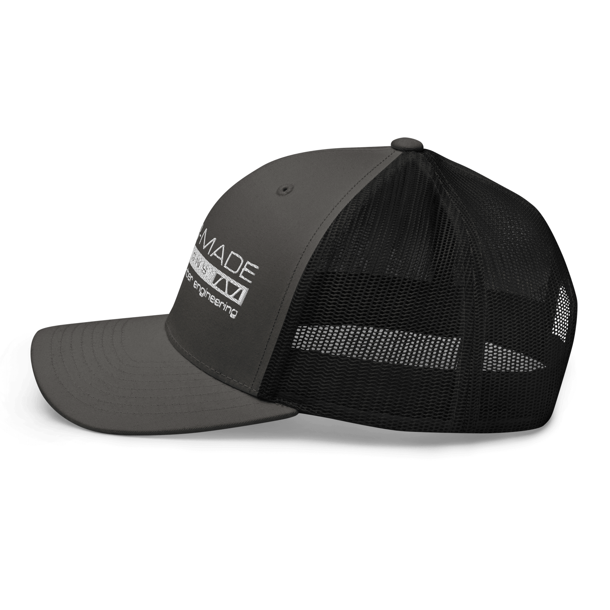 black mesh backed cap with tailor made designs logo on brow