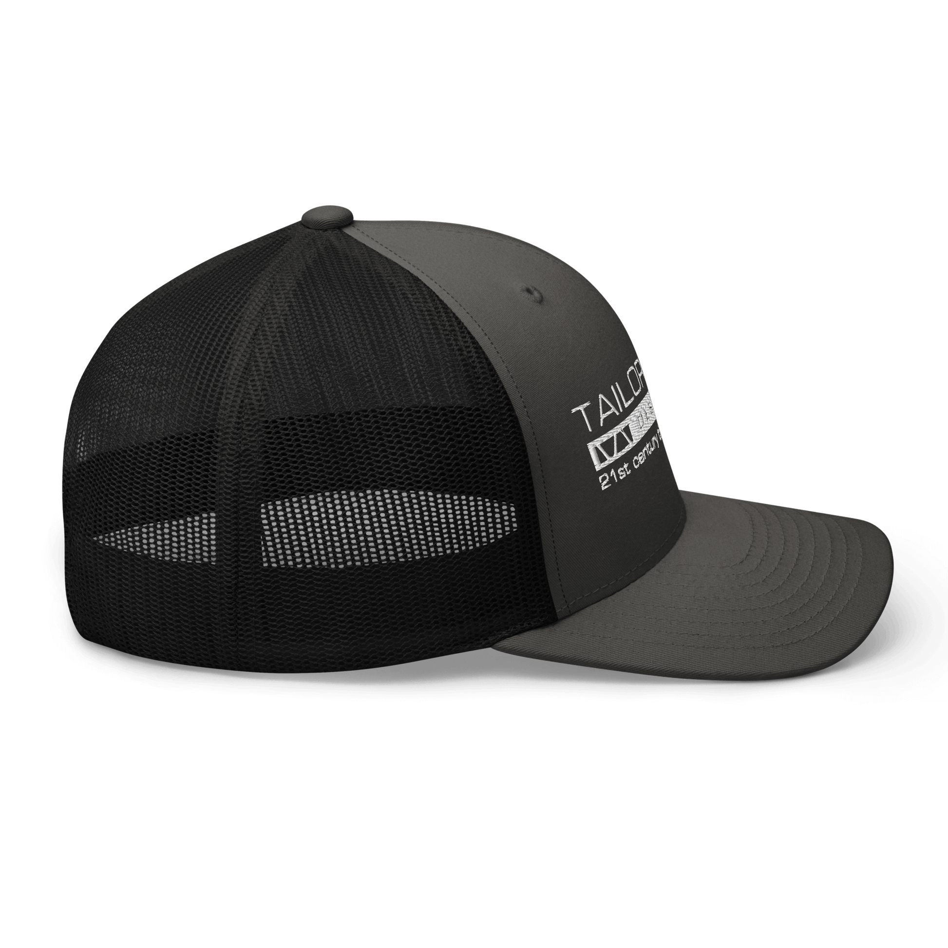 black mesh backed cap with tailor made designs logo on brow