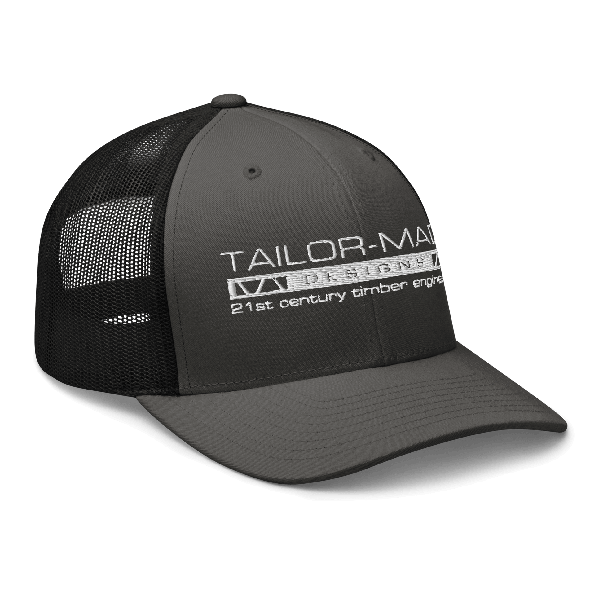 black mesh backed cap with tailor made designs logo on brow
