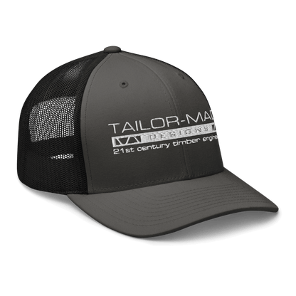 black mesh backed cap with tailor made designs logo on brow