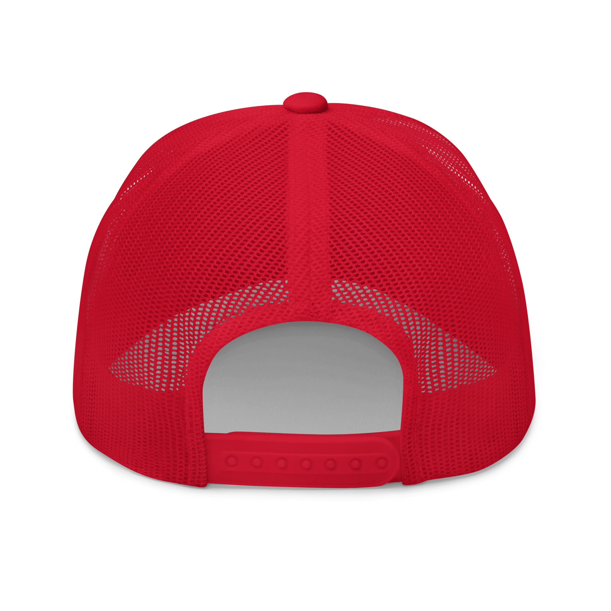 red mesh backed cap with tailor made designs logo on brow