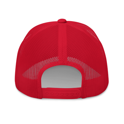 red mesh backed cap with tailor made designs logo on brow