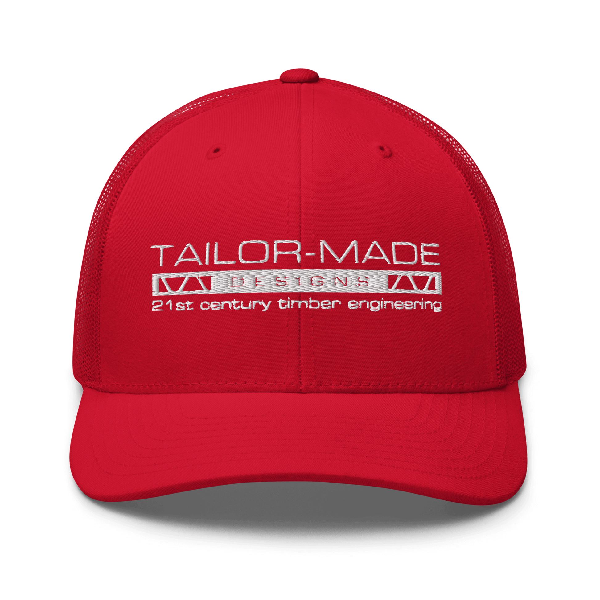 red mesh backed cap with tailor made designs logo on brow
