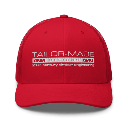 red mesh backed cap with tailor made designs logo on brow