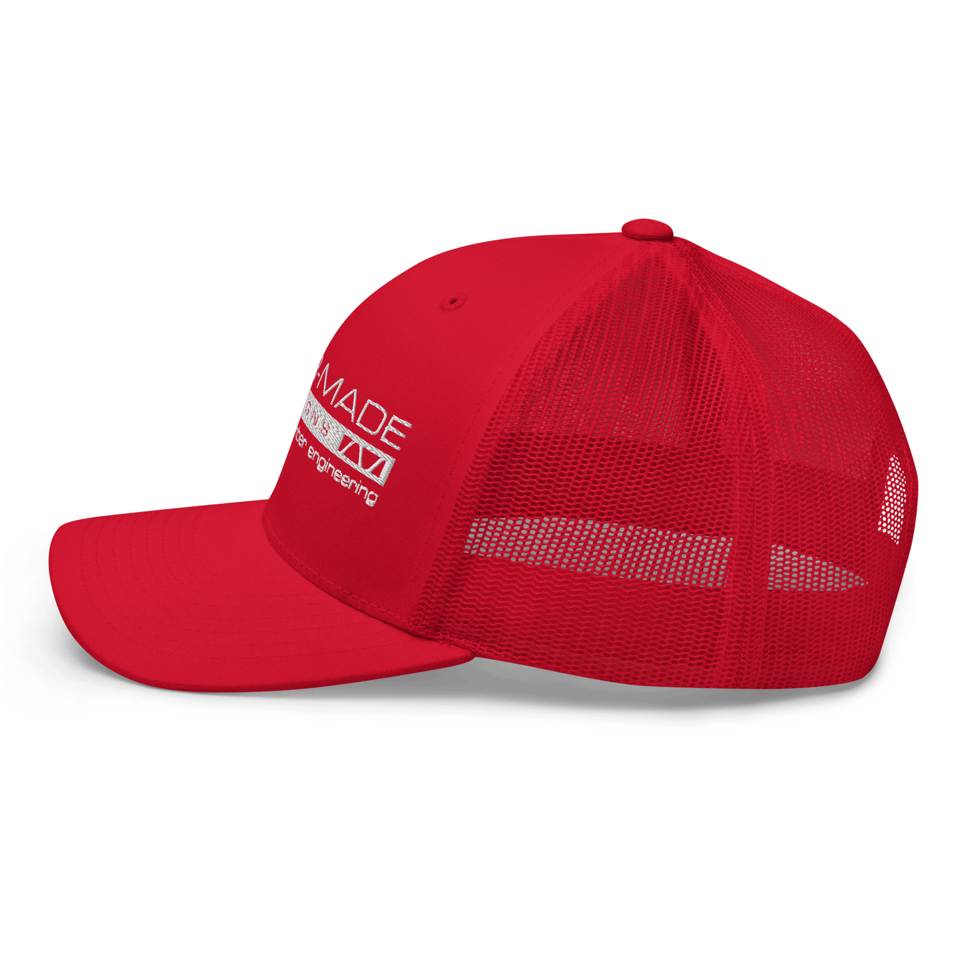 red mesh backed cap with tailor made designs logo on brow