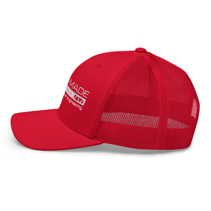 red mesh backed cap with tailor made designs logo on brow