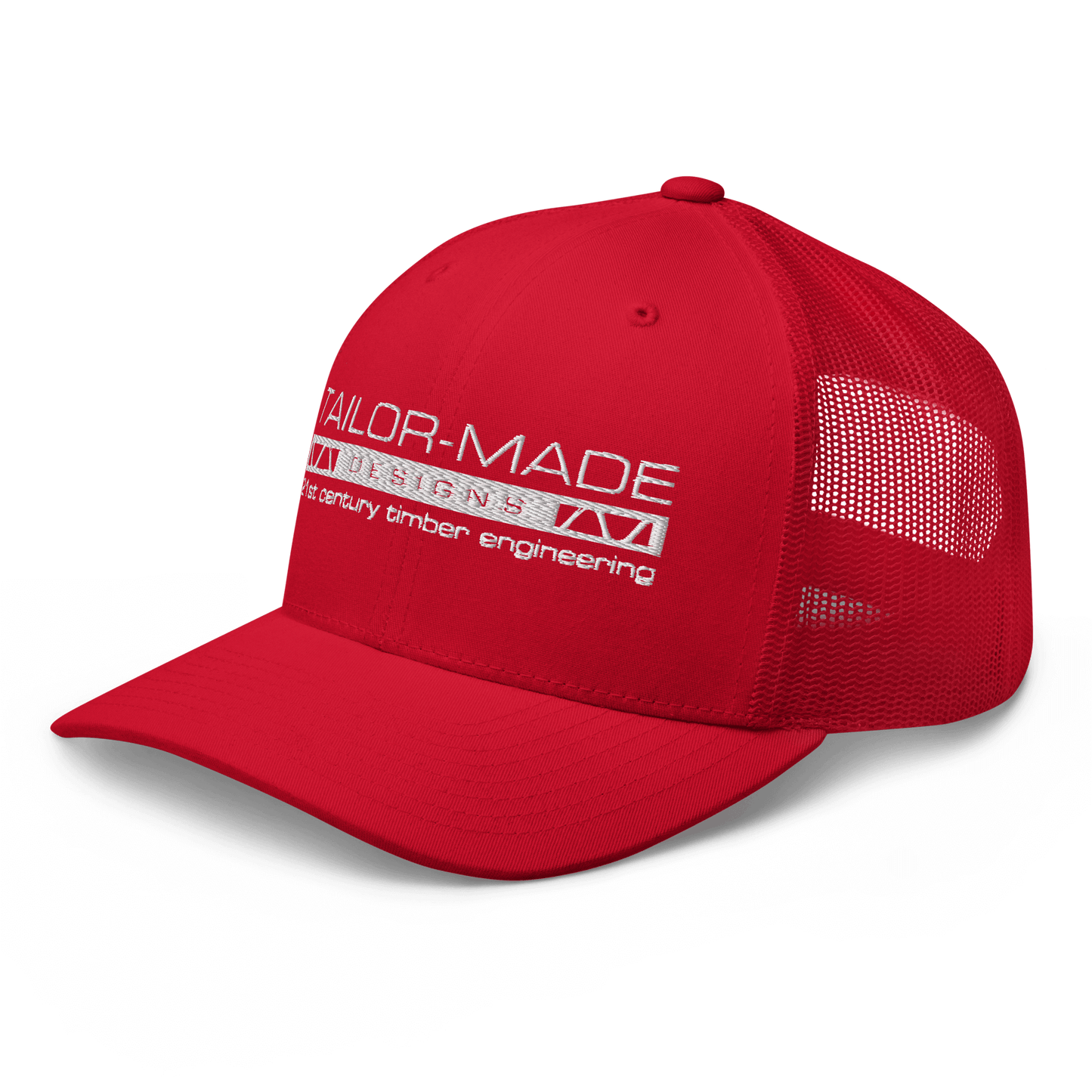 red mesh backed cap with tailor made designs logo on brow