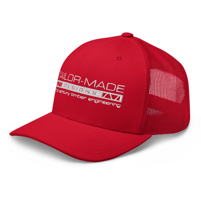 red mesh backed cap with tailor made designs logo on brow