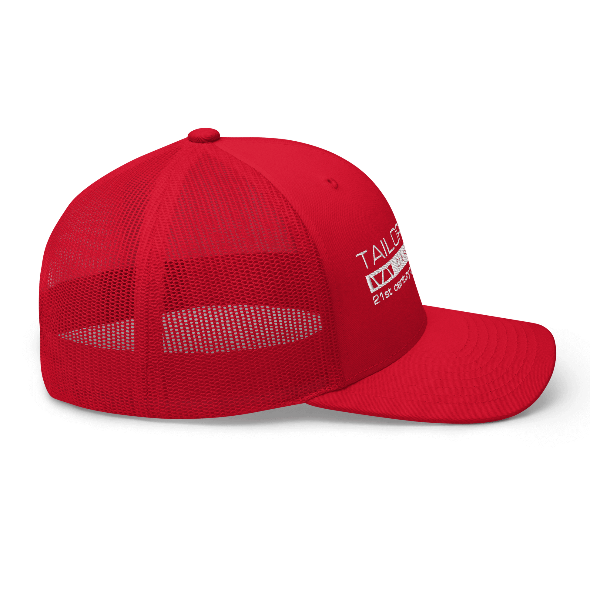 red mesh backed cap with tailor made designs logo on brow
