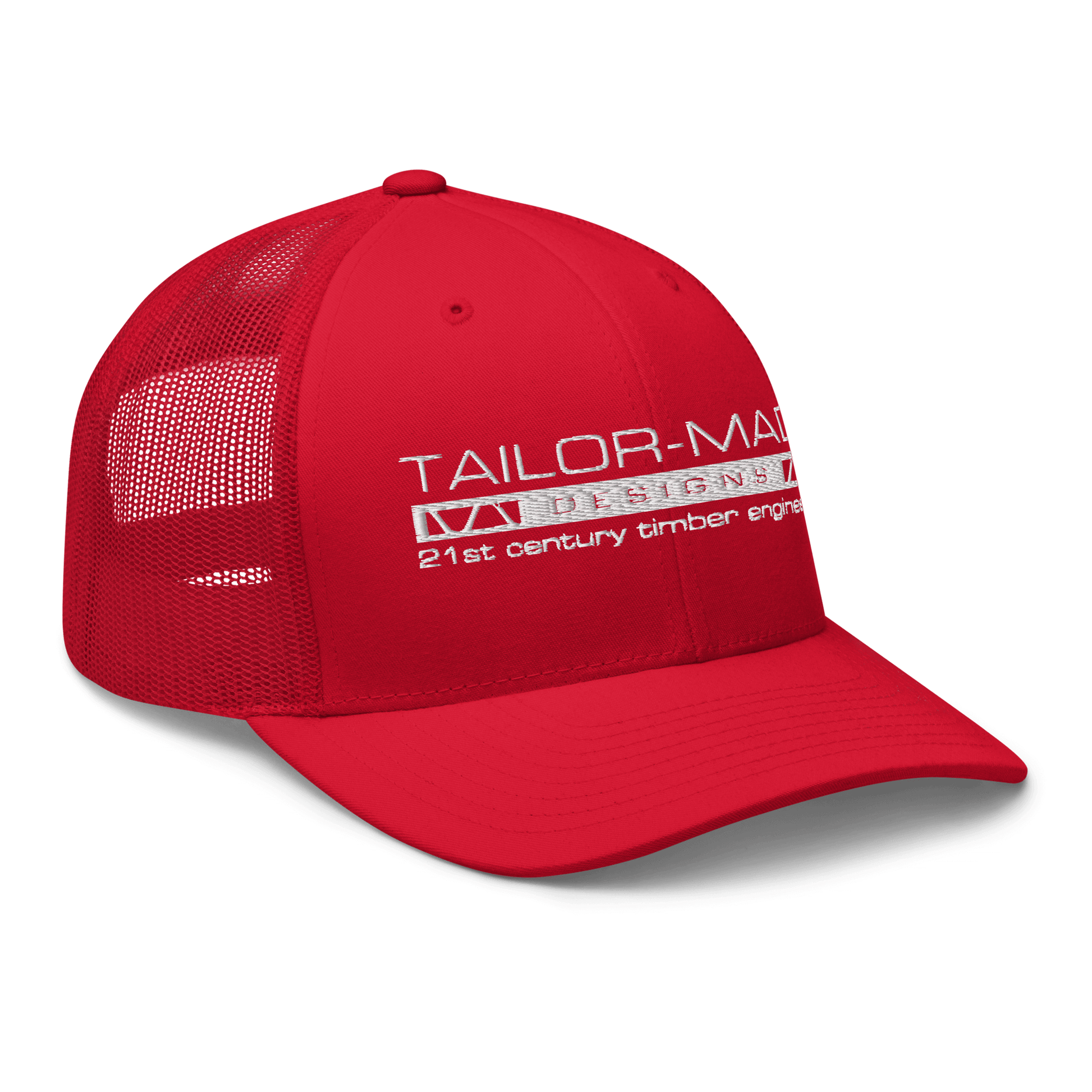 red mesh backed cap with tailor made designs logo on brow