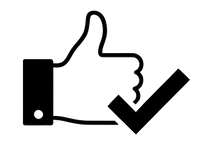 Black icon of a thumbs up with a check mark on a white background