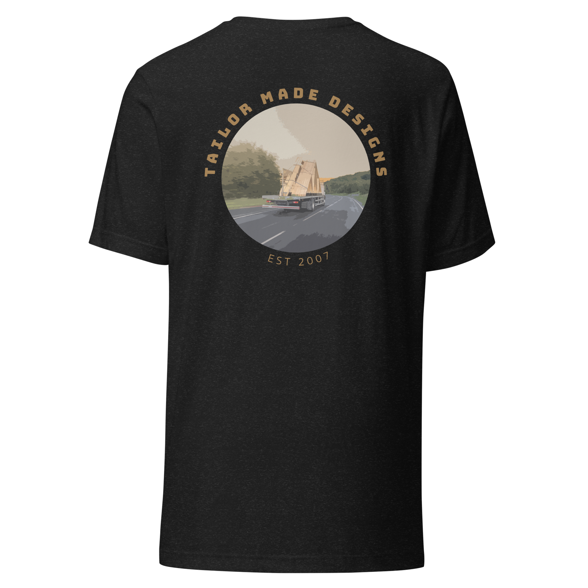 rear of black tshirt with lorry design