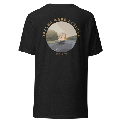 rear of black tshirt with lorry design