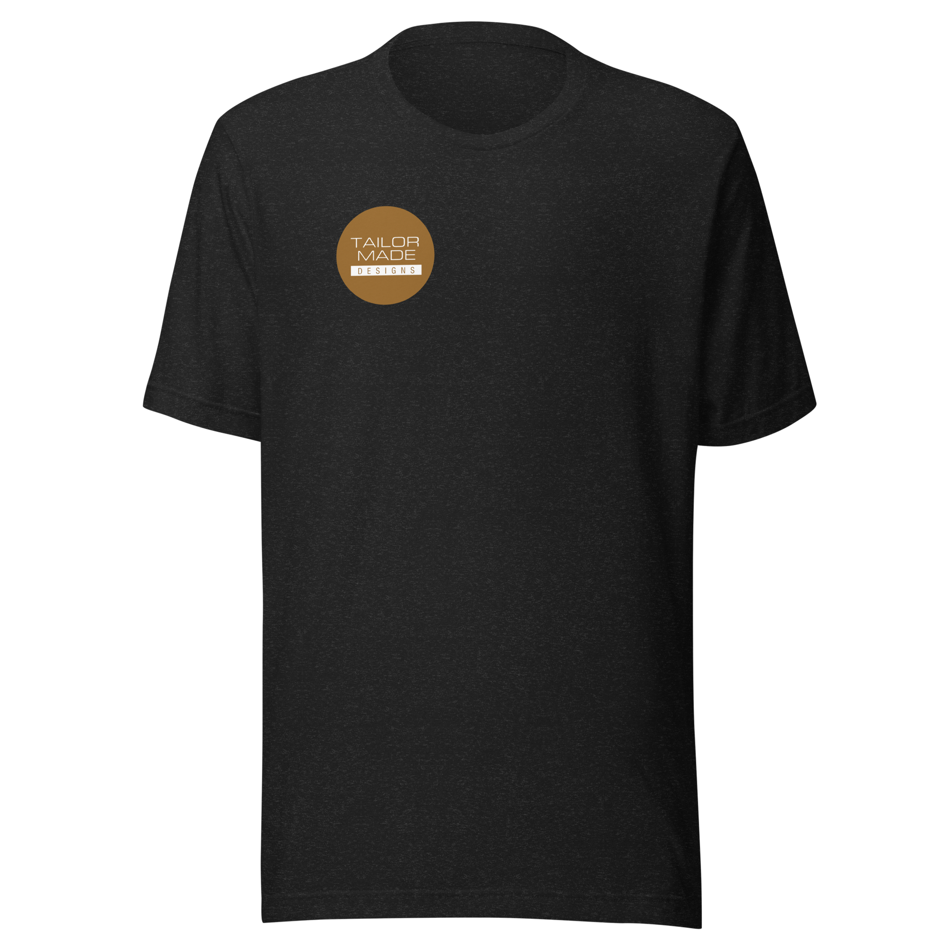 front of black tshirt with circular tailor made designs logo on chest