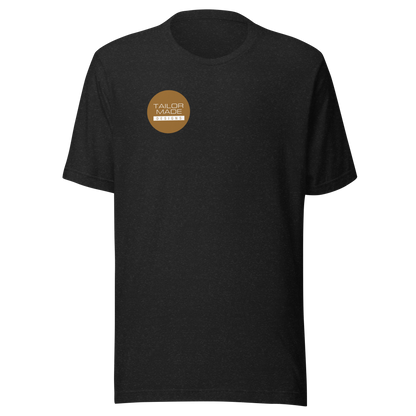 front of black tshirt with circular tailor made designs logo on chest