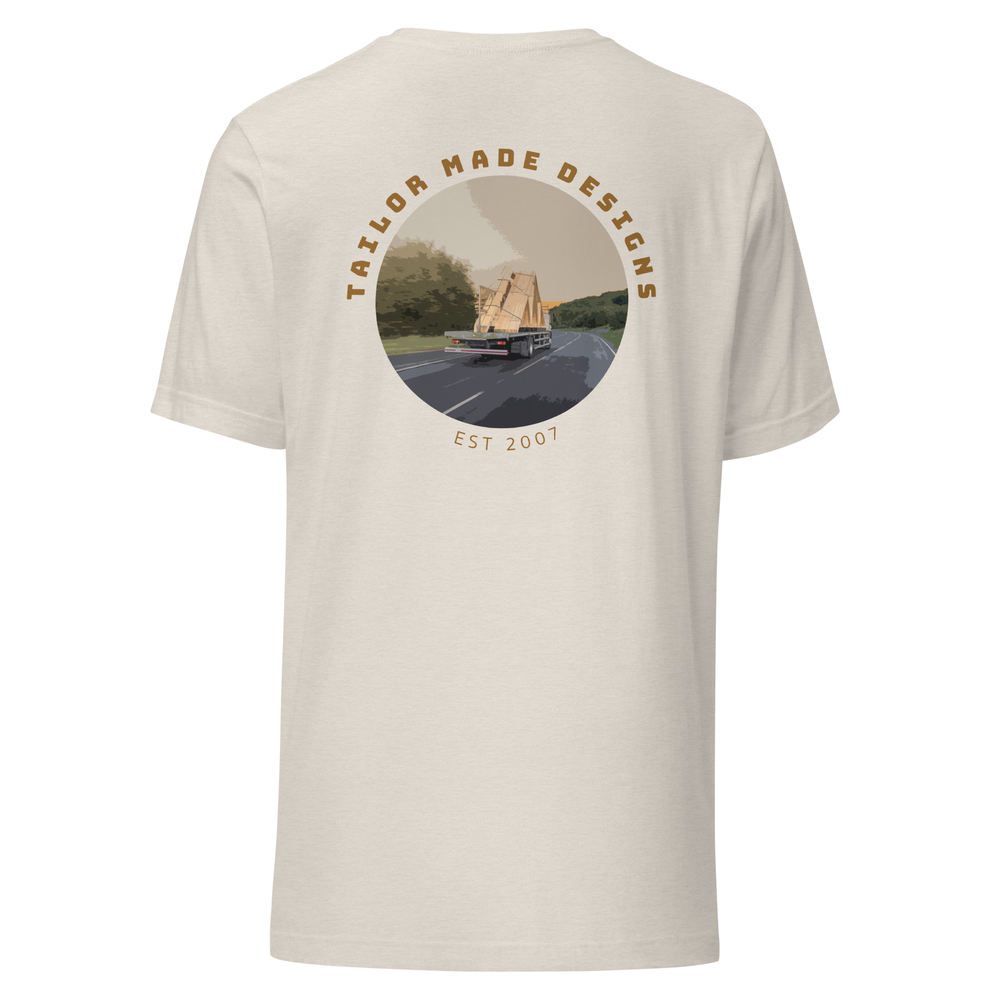 rear of white tshirt with lorry design