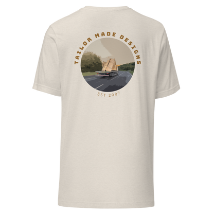 rear of white tshirt with lorry design