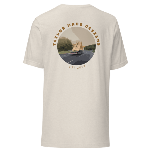 rear of white tshirt with lorry design