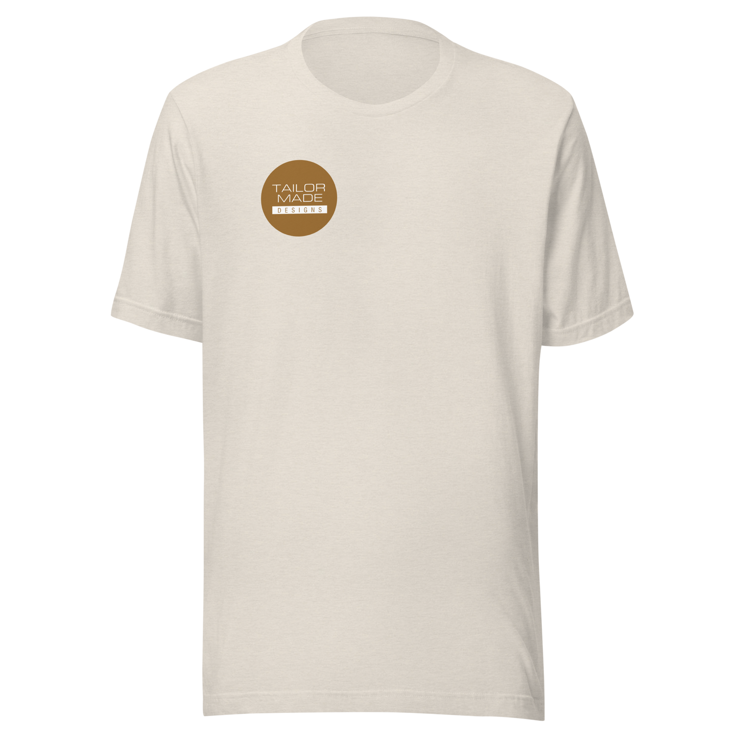 front of white tshirt with circular tailor made designs logo on chest