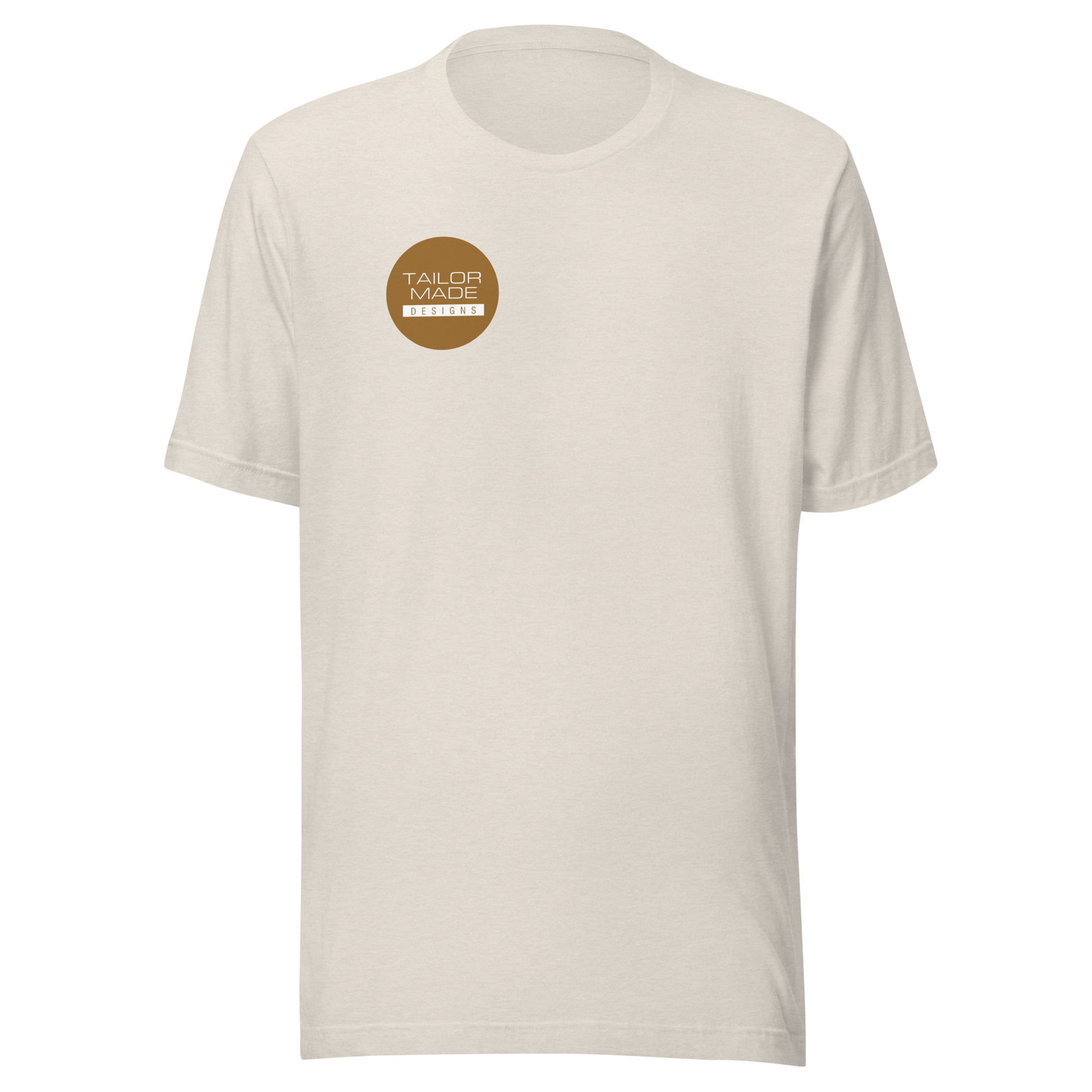 front of white tshirt with circular tailor made designs logo on chest