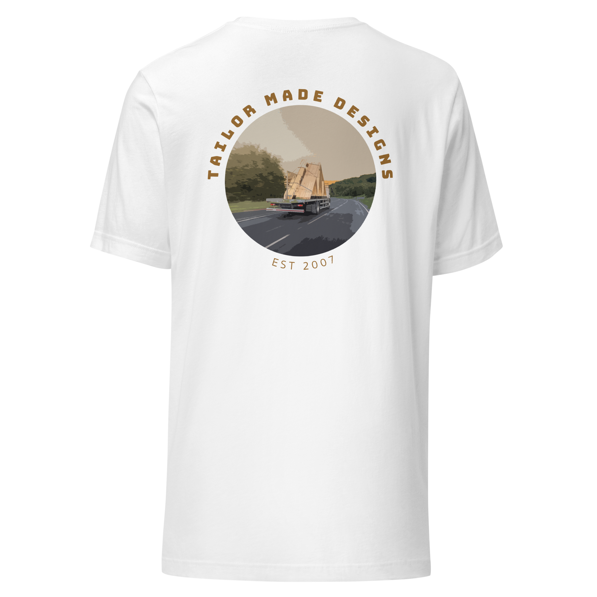 rear of white tshirt with large lorry design