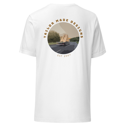 rear of white tshirt with large lorry design