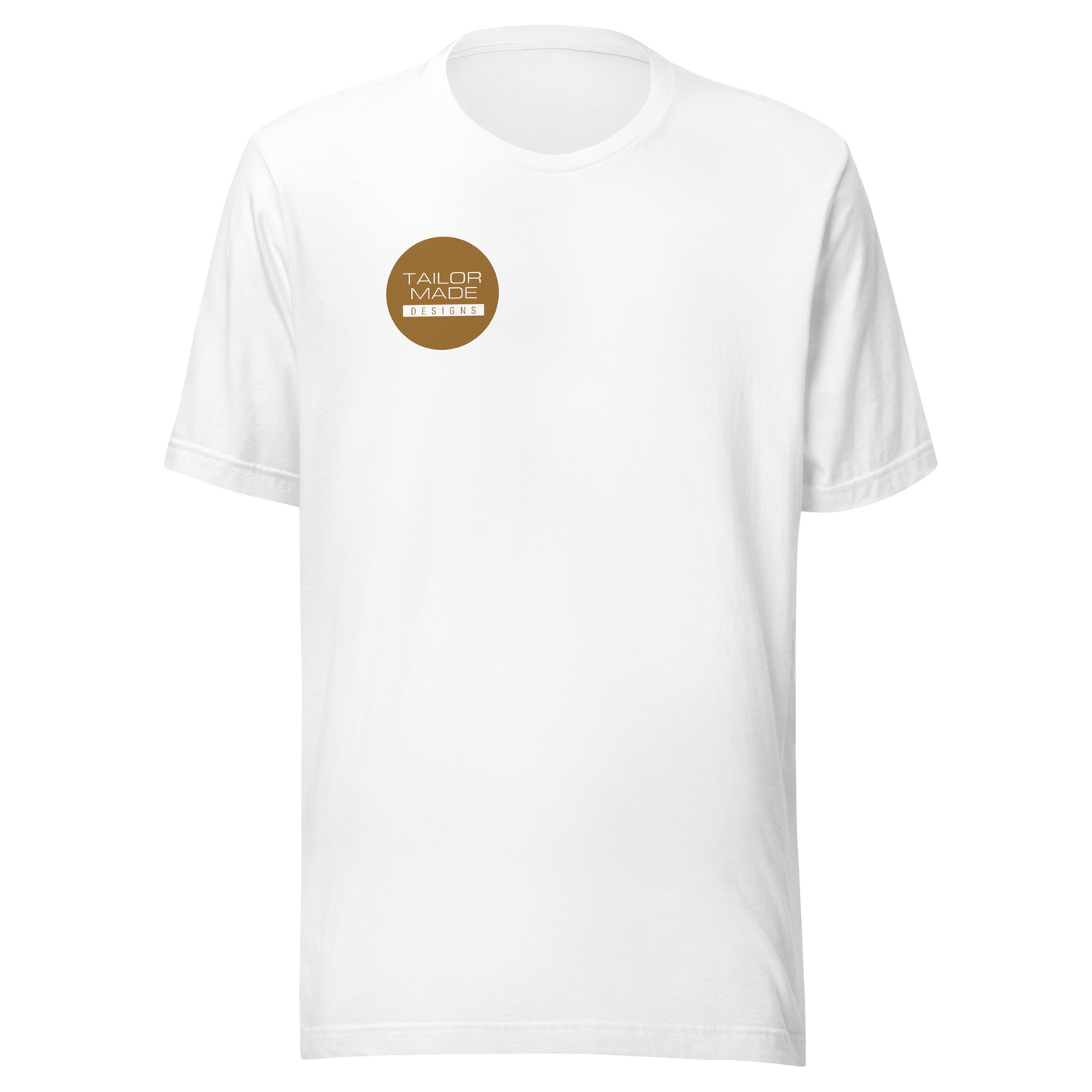 front of white tshirt with circular tailor made designs logo on chest