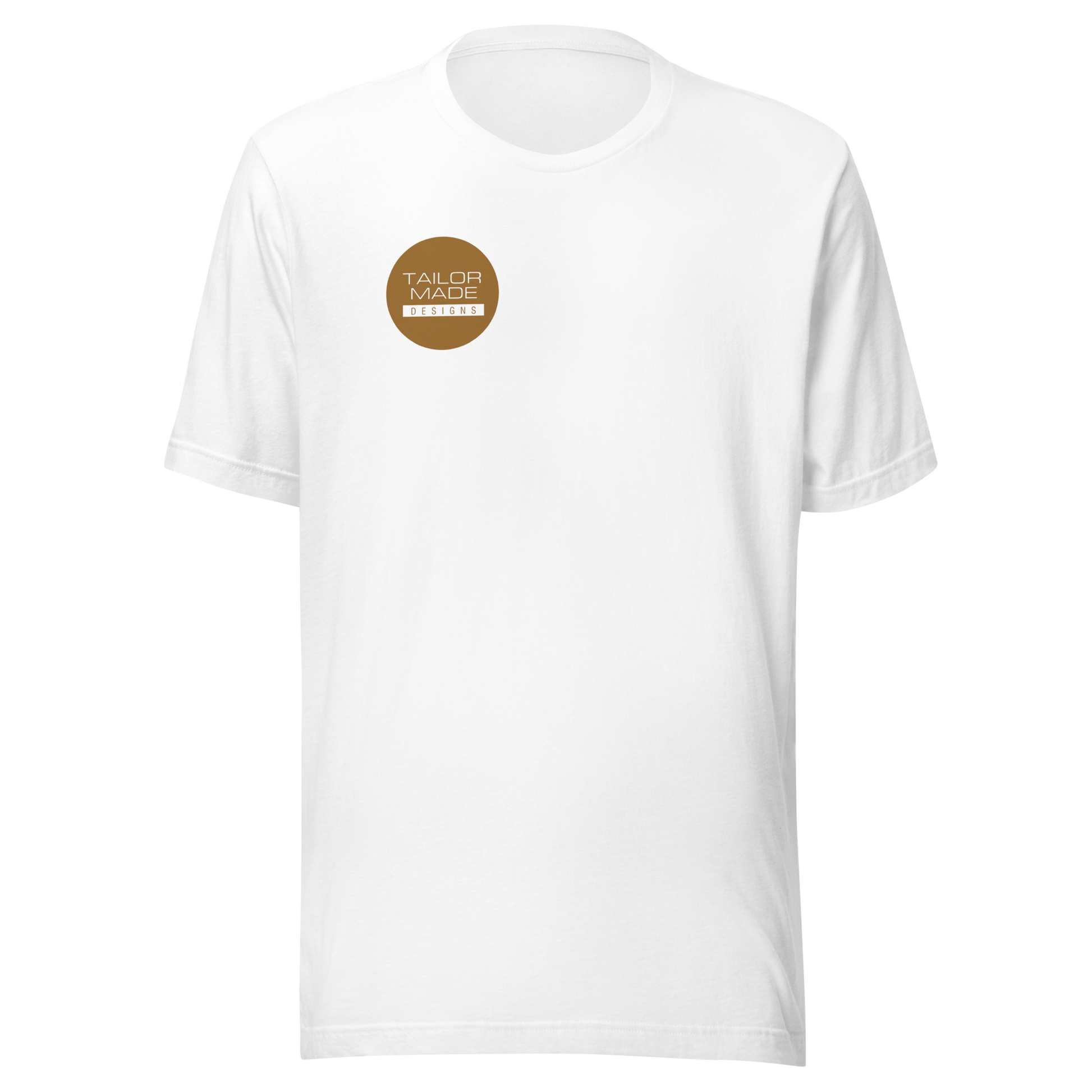 front of white tshirt with circular tailor made designs logo on chest